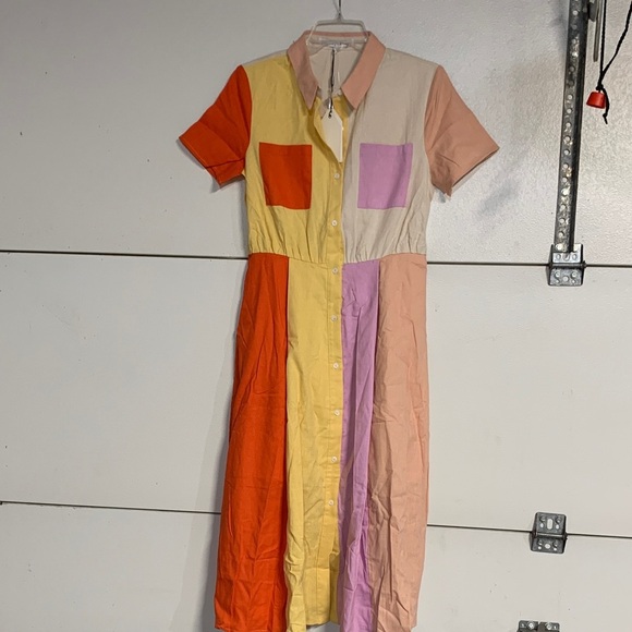 ENGLISH FACTORY COLORBLOCK BUTTON UP LINEN DRESS MIDI SMALL NEW WITH TAGS - Picture 2 of 8